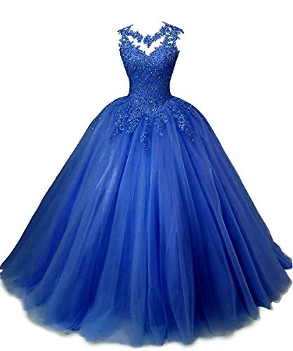 BetterGirl Damen Abendkleider Prinzessin Ballkleid Elegant für Hochzeit Spitze Brautkleid Quinceanera Kleider(Königsblau,42) von BetterGirl