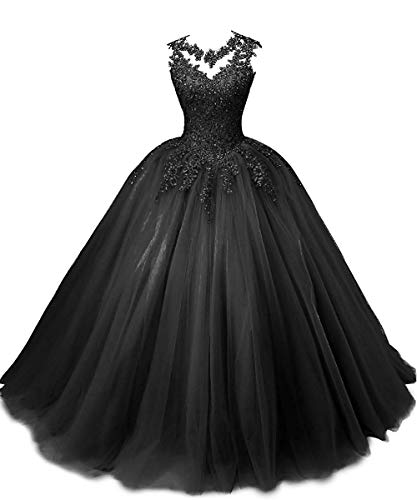 BetterGirl Damen Abendkleider Prinzessin Ballkleid Elegant für Hochzeit Spitze Brautkleid Quinceanera Kleider(Schwarz,48) von BetterGirl