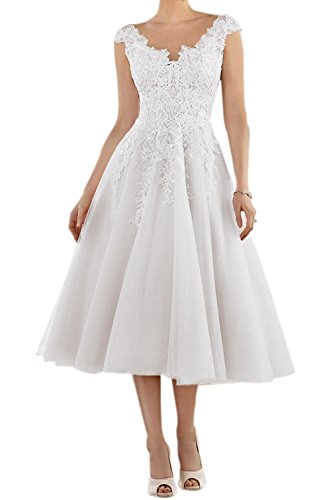 BetterGirl Damen Elegant Hochzeitskleider Teelänge Spitze Applikationen Brautkleider Brautjungfern Kleider(Weiß,42) von BetterGirl