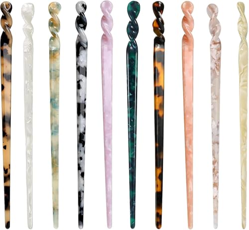 10Pcs Acetat Haarstäbchen Vintage, BetterJonny Haarstäbchen Acetat Schildpatt Leopard Haarsticks Retro Haarnadel Essstäbchen Leopard Haarnadeln Scheibe Lange Haare Essstäbchen für Frauen Mädchen von BetterJonny
