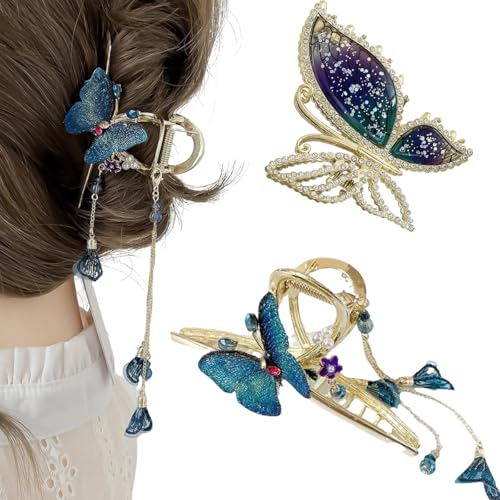 2Pcs Schmetterling Haarklammern, BetterJonny Metall Klaue Clips Haarklammern Haarklauenclip Rutschfeste Haarspangen Haargreifer Strass Große Haarklammern für Frauen Mädchen Damen Dünnes/Dickes Haar von BetterJonny