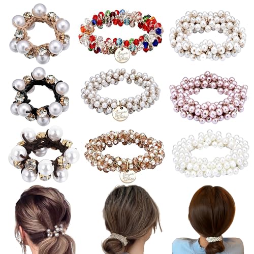 9 Stück Perle Haargummi, BetterJonny Perlen Haarseil Haargummis mit Perlen Elastische Pferdeschwanz Halter Stirnbänder Haarschmuck für Mädchen Frauen und Dame Kinder von BetterJonny