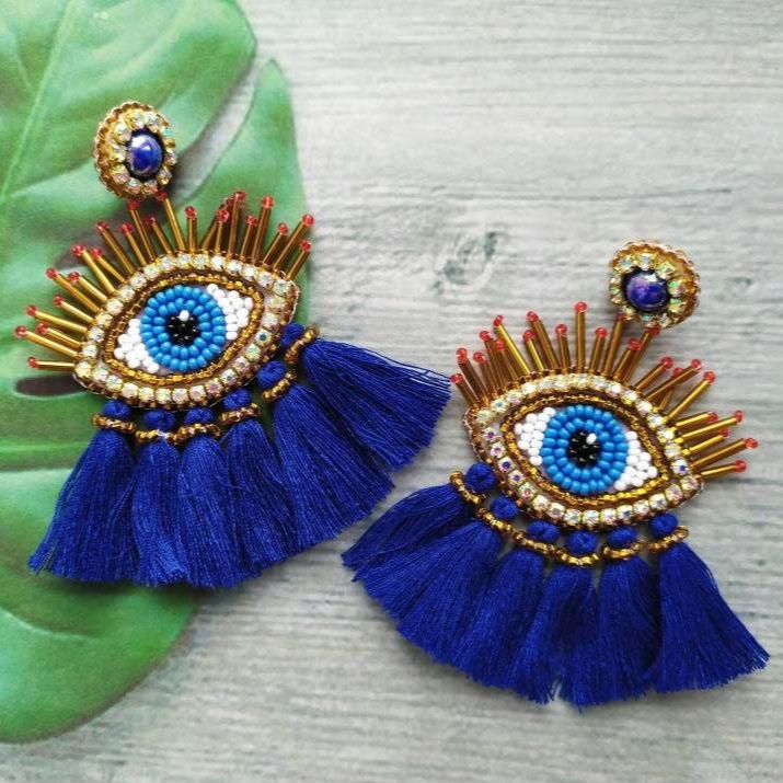 Boho Marineblau Quaste Bösen Blick Ohrringe. Statement Blau & Gold Ohrhänger. Geschenk Für Freundin. 21.geburtstag Sie Boho Marineblau Quaste Bösen Blick Ohrringe. Statement Blau & Gold Ohrhänger. Geschenk Für Freundin. 21.geburtstag Sie von BetterMonday