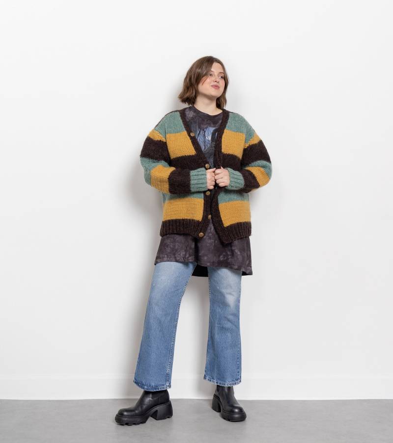 Chunky Wolle Streifen Cardigan Cardi Pullover Senf Mint Oversize Strick/Large Xl von BetterStayTogether