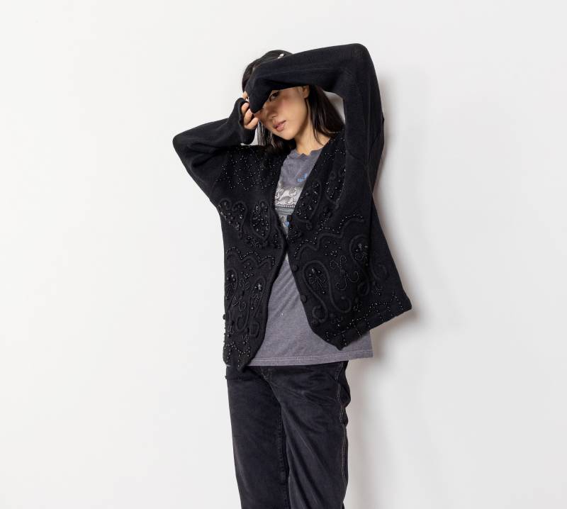 Verkauf Schwarze Perlen Cardigan Baumwolle Strick Pullover Oversize Herbst Winter/Small Medium von BetterStayTogether