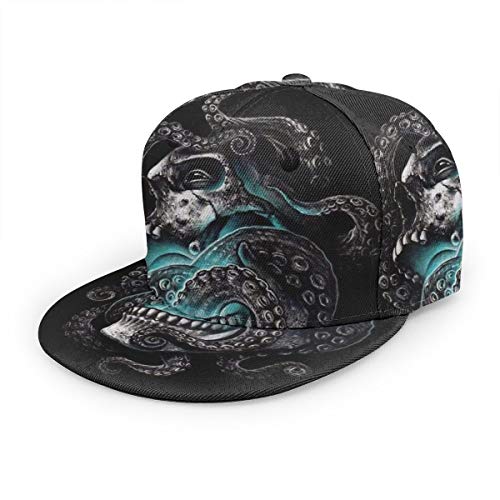 Bettiboy Cthulhu Totenkopf mit Tentakeln Snapback Verstellbare Flat Bill Baseball Cap Baumwolle Visier Hut Einfarbig Sonnenkappen für Outdoor Sport Herren Damen Schwarz von Bettiboy