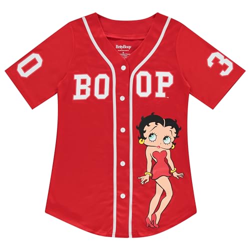 Betty Boop Damen-Baseballtrikot, Bonnie, Margie und Mae, Netzstoff, Button-Down-Baseballtrikot, Vintage-Shirt, rot / weiß, Groß von Betty Boop
