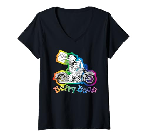 Damen Betty Boop Groovy 70er Jahre Motorrad T-Shirt mit V-Ausschnitt von Betty Boop