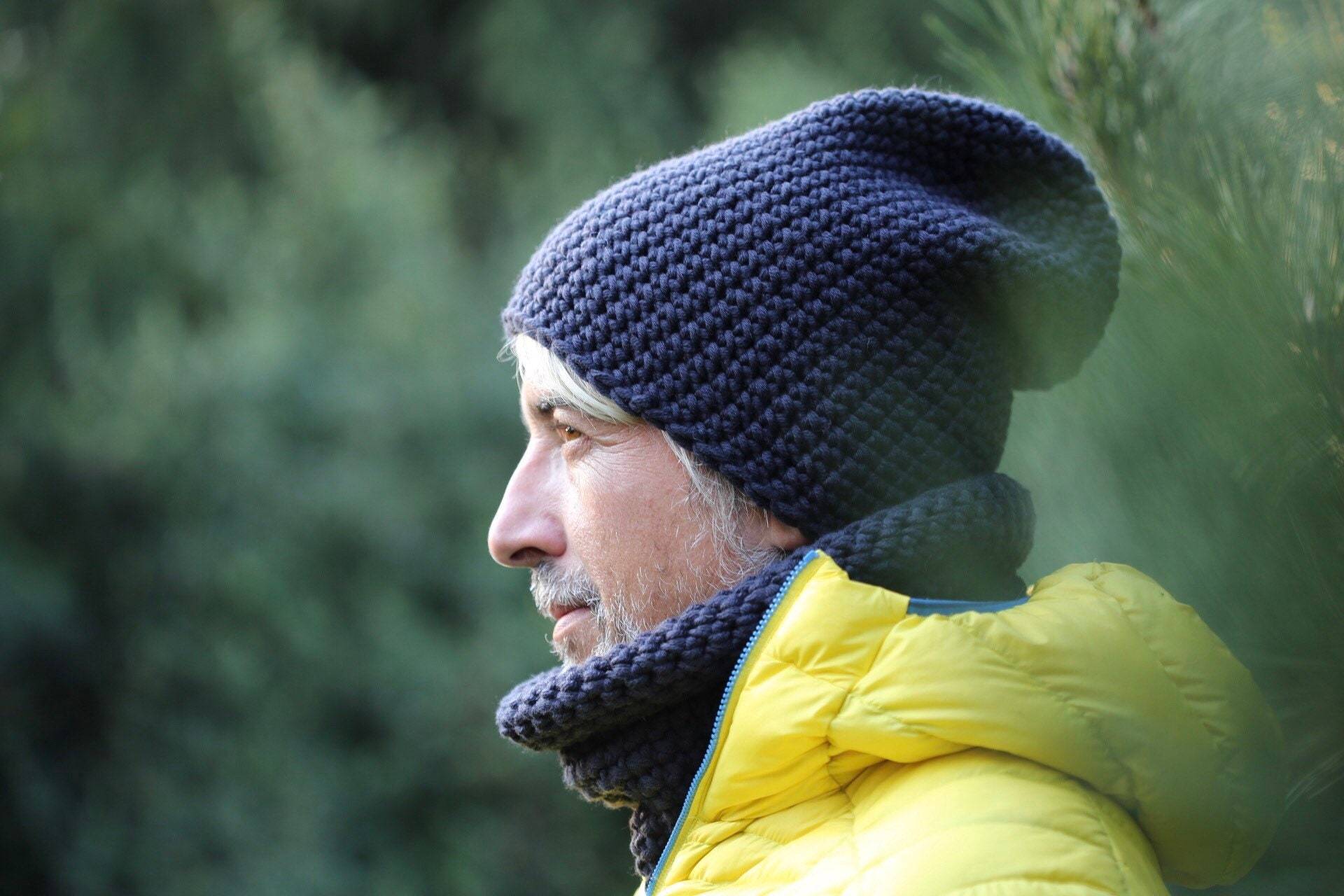 Winter Beanie Hut Für Männer Oder Frauen, Merino Wolle Dunkelgrau Mütze Großen Kopf, Geschenke Männer, Handgemachte Grobstrick von BettyBAtelier