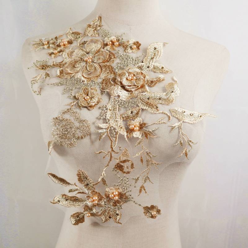 Champagner Gold 3D Blumen Spitze Applikation, Hellgold Floral Gestickte Braut Applikation Für Tanzkostüme, Brautkleid Saum Accessoires Champagner Gold 3D Blumen Spitze Applikation, Hellgold Floral Gestickte Braut Applikation Für Tanzkostüme, Brautkleid Saum Accessoires von BettyLaceShow