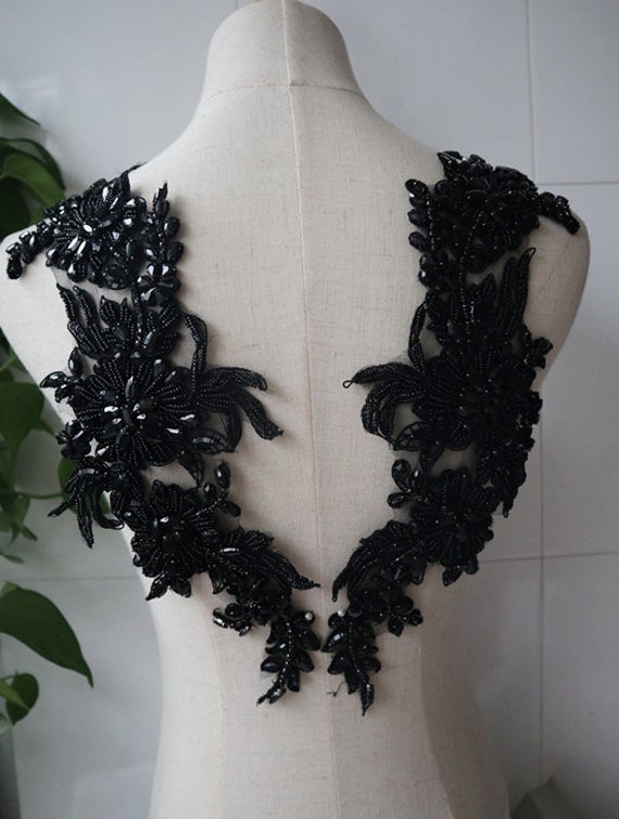 Luxus-Schwarz Strass Applikation, 3D-Blumen Perlen Schulter Kragen Mieder Applikationen Handwerk Braut Schärpe Kopfschmuck Accessoires von BettyLaceShow