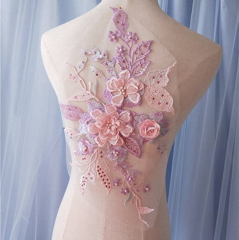 Pastell Lila Rosa 3D Florale Spitze Applikation, Perlen Gestickte Braut Applikation Für Kostüme Kleid Saum Accessoires Pastell Lila Rosa 3D Florale Spitze Applikation, Perlen Gestickte Braut Applikation Für Kostüme Kleid Saum Accessoires von BettyLaceShow