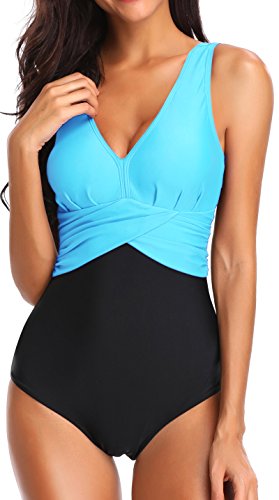 PANOZON Damen Badeanzug mit V-Form Ausschnitt bauchweg Monokini Rückenfrei Cut Out Push-up Bikini Elegant Grace U-Back (Himmelblau, 2XL) von PANOZON