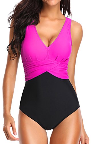 PANOZON Damen Badeanzug mit V-Form Ausschnitt bauchweg Monokini Rückenfrei Cut Out Push-up Bikini Elegant Grace U-Back (Rosa, 3XL) von PANOZON