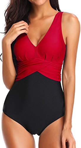 PANOZON Damen Badeanzug mit V-Form Ausschnitt bauchweg Monokini Rückenfrei Cut Out Push-up Bikini Elegant Grace U-Back (Rot, 3XL) von PANOZON