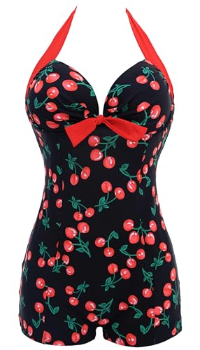 PANOZON Damen Bikini Bademode Retro mit Bein Hotpants hohe Taillen Badeanzug (XXXL(EUR 44-46), Kirsche) von PANOZON