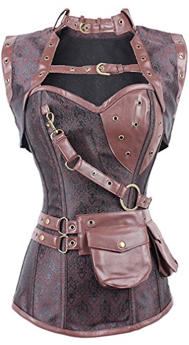 PANOZON Damen Steampunk Brokatmuster Corsage Korsett Vintage Retro Frauen Gothic Korsage(Large,Braun) von PANOZON