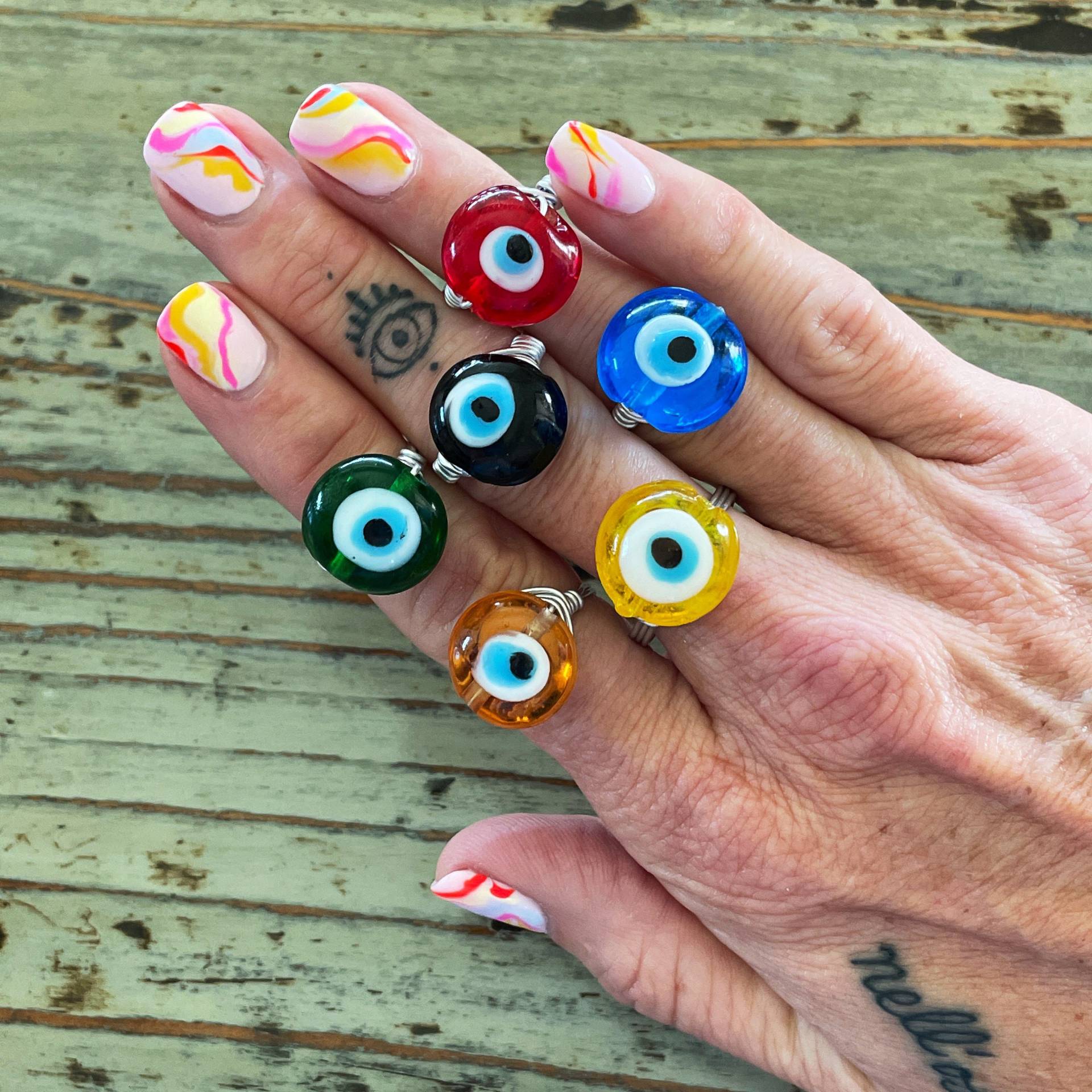 Glas-Evil-Eye-Wickelringe, Mehrfarbig, in Mehreren Größen Handgefertigt von BettysGlassBeads