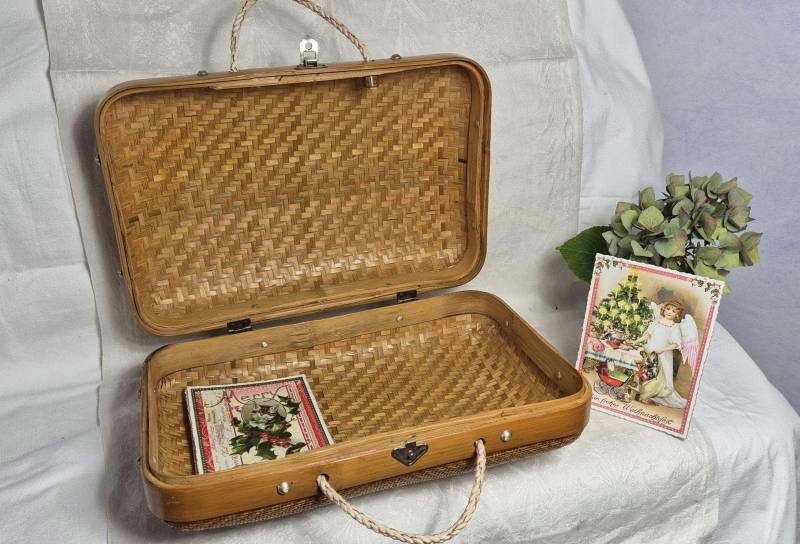 Bambus Koffer Handgeflecht 2-Farbig Braun Doppelgriff Tragekorb Vintage Handtasche Gewebt Geflochtene Korb Bügel-Tasche Aufbewahrungsbox 50S von BettysVintageHouse