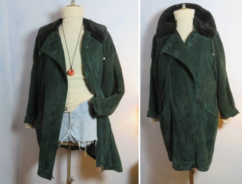 Echtfell-Kragen Wattierte Wildledermantel Smaragdgrün Womans Size Xl Kurze Warme Weiche Wintermantel Winter Parka 80Er Deutsche Striwa von BettysVintageHouse