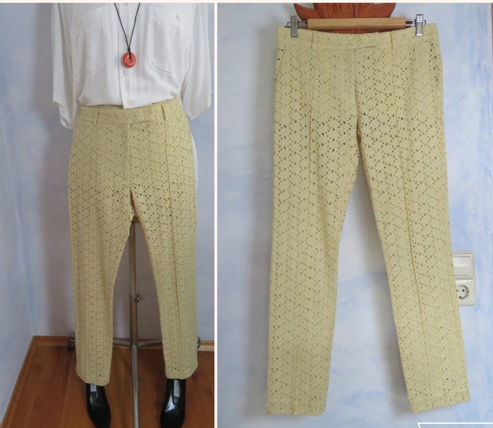 Gerard Darel Ösen Hose Schmal Size S Saharasand-Gelb Broderie Anglaise Knöchellang Baumwolle Französisch Designer Kreation Kleine Größe von BettysVintageHouse