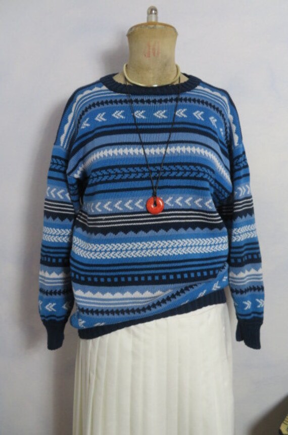 Handgestrickte Maritime Unisex Pullover Size L Blau Weiß Streifen Von Hand Gemachte Sweater Baumwolle Meer Urlaub 80Er 90Er Handmade Vintage Handgestrickte Maritime Unisex Pullover Size L Blau Weiß Streifen Von Hand Gemachte Sweater Baumwolle Meer Urlaub 80Er 90Er Handmade Vintage von BettysVintageHouse