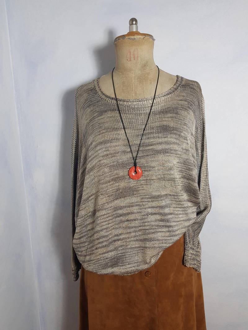 Handgestrickte Seidenpullover Fledermaus Size Xl Oversized Grau Melange Knitwear 100% Seide Vintage Geschenk Für Sie Maulbeerseide Pullover von BettysVintageHouse