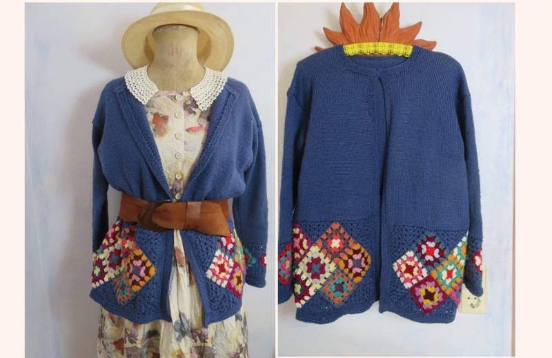 Lovely Hand Knitted Blue Modern Granny Square Crochet Cardigan Open Front Warm 100% Wool Size Large Knit Jacket 70S Vintage Style Lovely Hand Knitted Blue Modern Granny Square Crochet Cardigan Open Front Warm 100% Wool Size Large Knit Jacket 70S Vintage Style von BettysVintageHouse