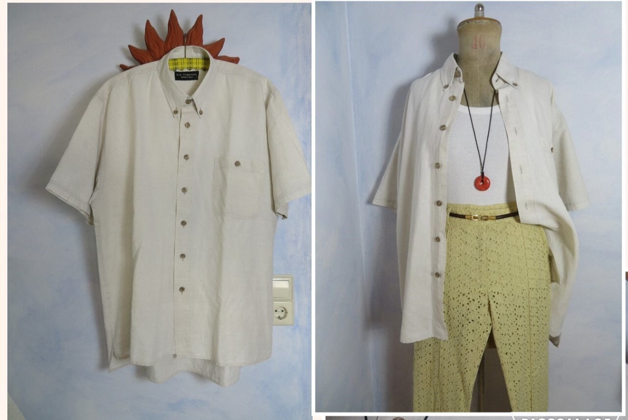 Vintage Leinen Hemd Mens Ssize Xl Große Tasche, Dunkle Knöpfe 100% Naturfaser Breuninger Natural Line Stuttgart 80Er 90Er von BettysVintageHouse