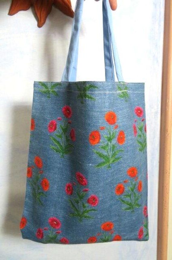 Rote Mohnblumen Himmelblaue Handgemachte Leinen Einkaufstasche Umweltfreundliche Shopper Tasche Flowers Mohnblume 38 X 34 cm von BettysVintageHouse