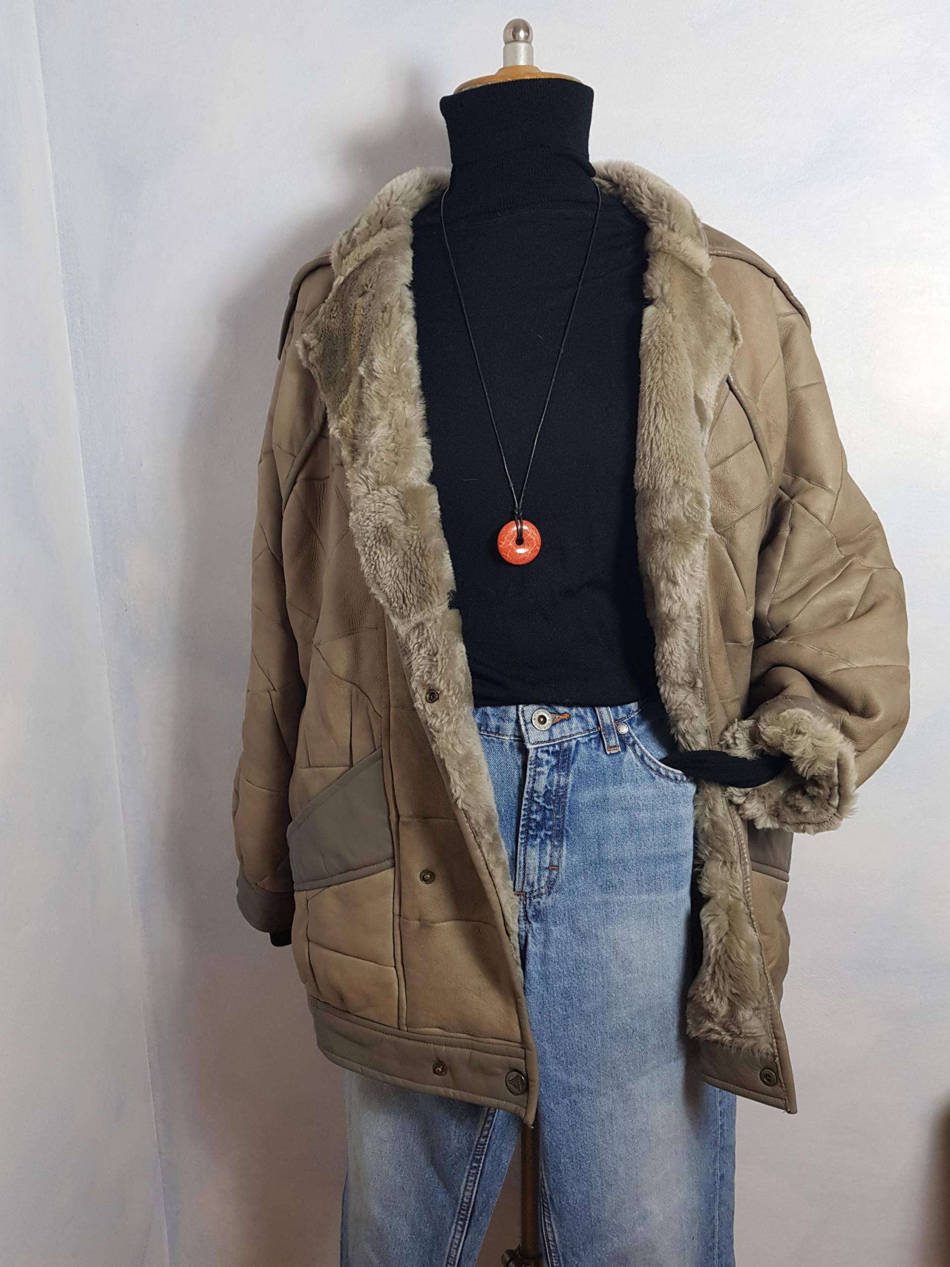 Vintage Dicker Echter Schaffell Shearling Pelzkragen Jacke Mantel Womans Size L/xl Graubraune Lederjacke Gewachsenes Fell Bomber von BettysVintageHouse