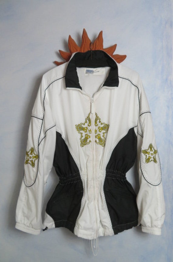 Vintage Etirel Windbreaker Size Xxl Nylon Jacke Trainingsjacke Bestickte Golden Schneeflocke Schwarz Weiße Leichte Damenjacke 80Er 90Er von BettysVintageHouse
