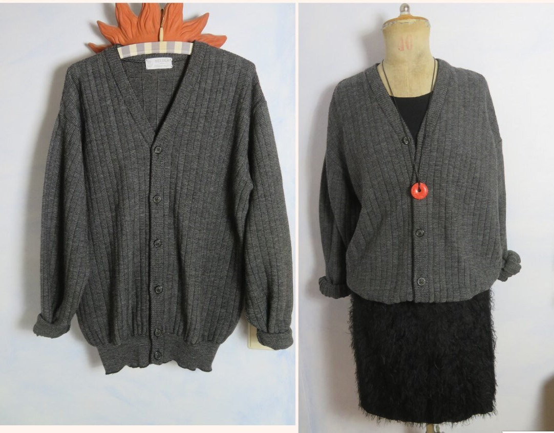 Vintage Gerippte Graue 100% Wolle Strickjacke Warm Unisex Xxl/Xl Grobstrick Jumper Pullover 80Er 90Er Knit Wear Knöpfe Sweater Peter Hahn von BettysVintageHouse