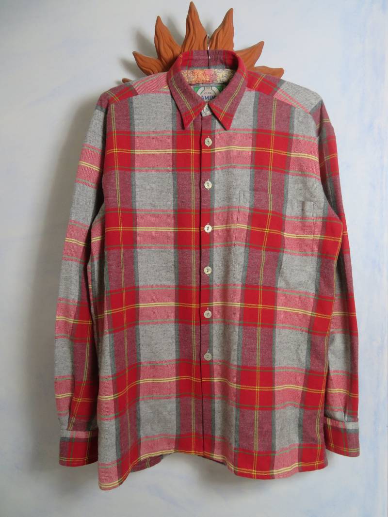 Vintage Karierte Flanellhemd Mens Size M-37/38 Aber Oversize Fit Club D'amingo Klassisch Hellrot Grau Tartan Hemd 100% Baumwolle 80Er 90Er von BettysVintageHouse