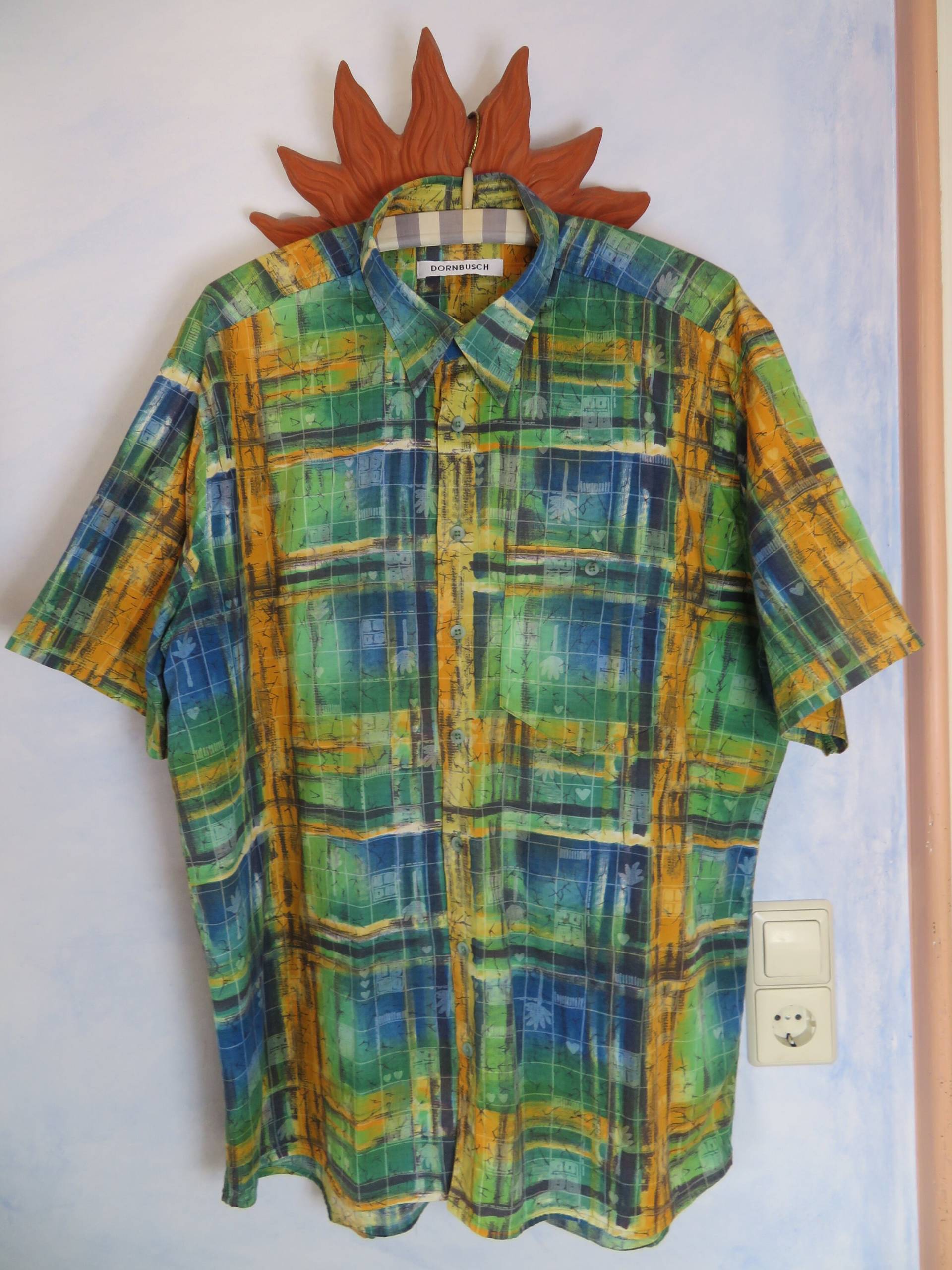 Vintage Mens Shirt Size Xl Crazy Pattern Check/Flower Blue Green Yellow Short Sleeve Button Down Solid 80S 90S Deutsche Dornbusch Hemd von BettysVintageHouse