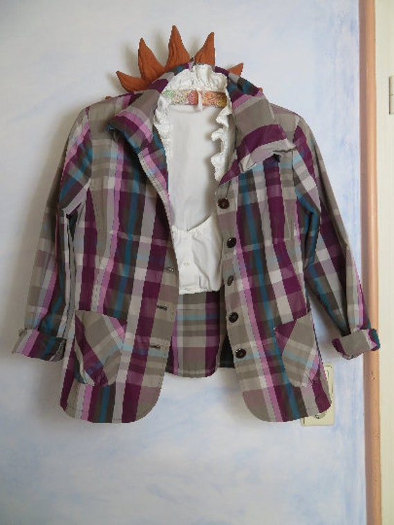 Vintage Taft Jacket Size L Check Blazer Grey Purple Petrol Smooth Light Double Collar Oktoberfest Bavarian Tyrolerian Frank Waldner Costume von BettysVintageHouse