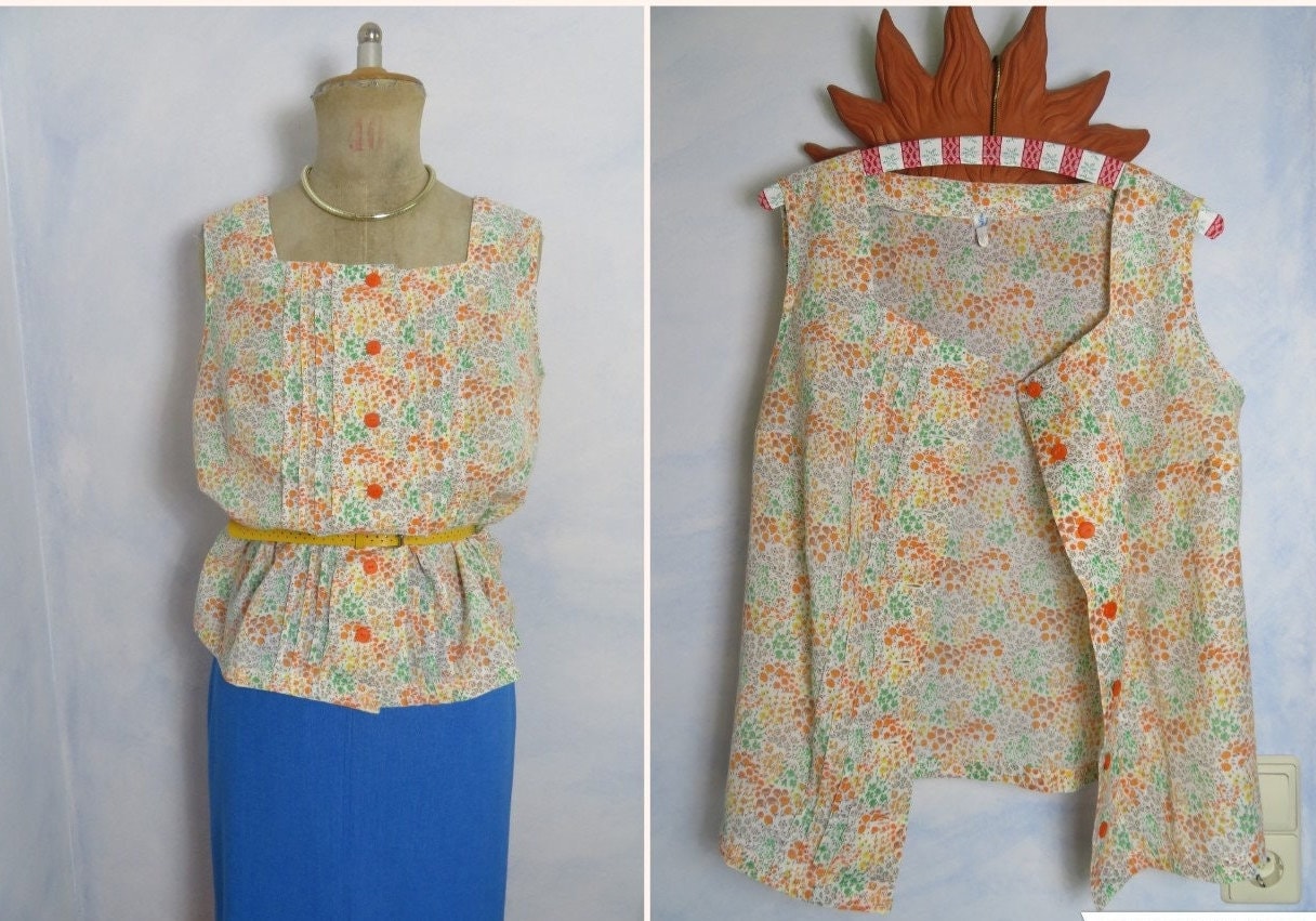 Vintage Veb Pirnetta Ddr Bluse Florale Plissiert Millefleur Camisole Size L/M 94 Grün Orange Blumendruck Ärmellos Hemd Oberteil Top 60Er von BettysVintageHouse