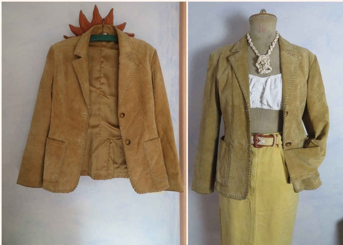 Vintage Western Lederblazer Womans Size M Boho Lederjacke Veloursleder Hellbraun 80Er 90Er Jahre von BettysVintageHouse