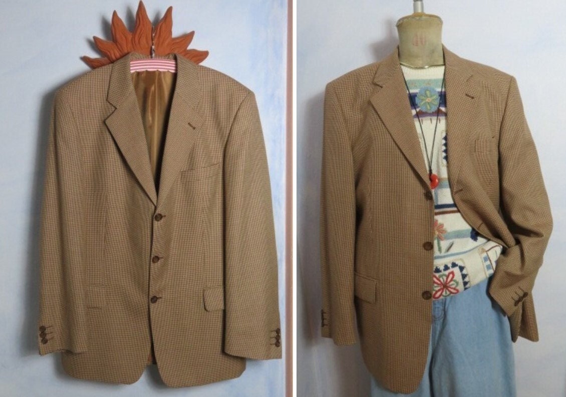 Vintage Hahnentrittmuster Sakko/Blazer Size Xl Genderneutrale Braun Hellbraun Klein Kariert Mantel Jacke Wool Blend Streetstyle von BettysVintageHouse