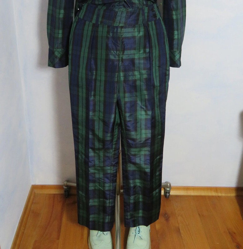 st.emile Seiden-Hose Schmal Size S Breiter Bund Blau Grün Tartan Hose Knöchellang 100% Seide Deutsche Designer Kreation Kleine Größe Vintage von BettysVintageHouse