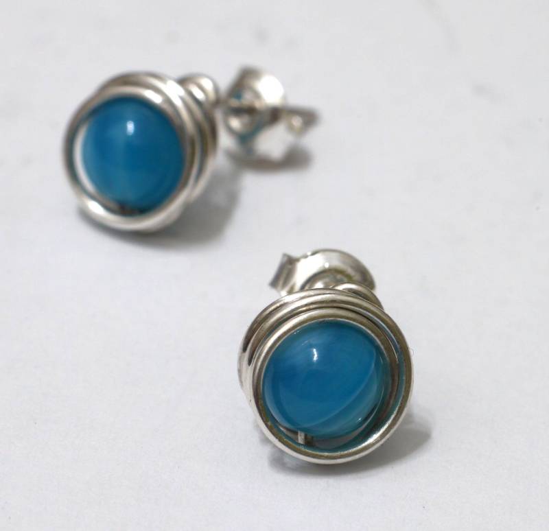 Blauer Achat Ohrstecker Sterling Silber Draht Gewickelt von Betulek