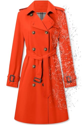 Betusline Damen Langer Zweireihiger Wasserdichter Trenchcoat mit Gürtel, Orange/Abendrot im Zickzackmuster (Sunset Chevron), S von Betusline