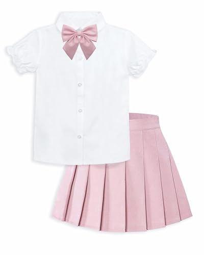 Betusline Mädchen Rock Set JK Schuluniform 2-teiliges Outfit - Kurzarmhemd mit Schleife & Faltenrock 6-14 Jahre, Solid Pink, 7-8 Jahre von Betusline
