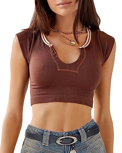 Beumissy Damen Crop Top Rundhals T-Shirt Kurzarm Rippstrick Basic Crop Tank Top, Braun, Klein von Beumissy