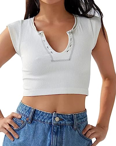 Beumissy Damen Crop Top Rundhals T-Shirt Kurzarm Rippstrick Basic Crop Tank Top, Weiss/opulenter Garten, Klein von Beumissy