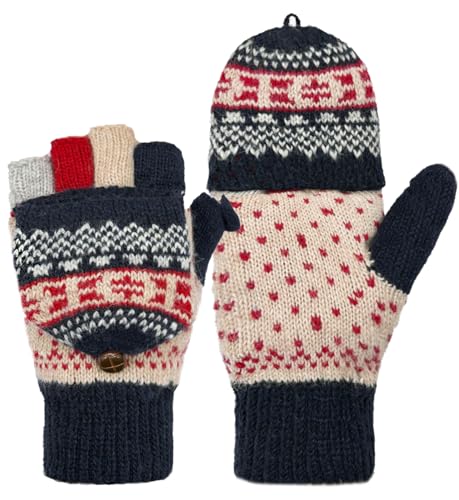 Beurlike Fingerlose Winterhandschuhe für Damen und Herren, warme Wolle, gestrickt, wandelbar, Flip-Top-Fäustlinge, kaltes Wetter, Zred Navy, Einheitsgröße von Beurlike