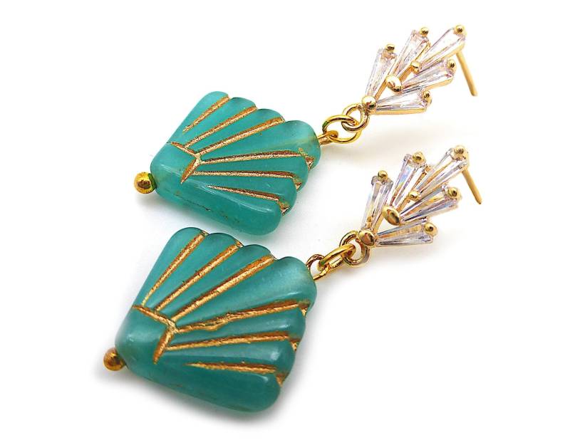 Außergewöhnliche Ohrhänger 20Er Jahre Stil Art Deco Jugendstil Nachempfunden Zirkonia Glas Vergoldet Türkis Grün "Last Century' von BeuteStueckchen