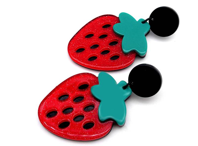 Große Statement Ohrhänger Erdbeere Pop Art Stylish Plakativ Comic Stil Obst Knallrot Frech Frucht Rockabilly "Omg' von BeuteStueckchen