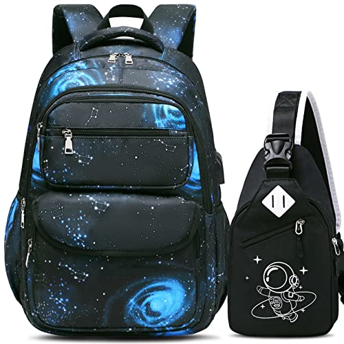 Bevalsa Rucksack für Jungen, Galaxy Schulranzen für Kinder, Büchertasche für Jungen Mädchen Kinder Teens Rucksäcke für Elementary Middle High School Student, Bookbag und Sling Bag Set (Eisenhaltig 1) von Bevalsa