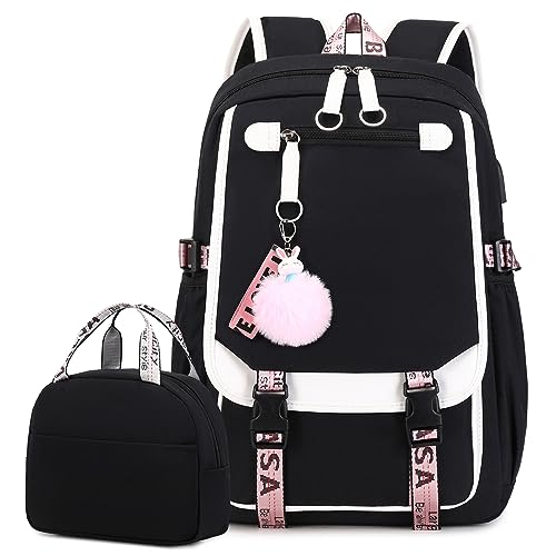 Bevalsa Schulrucksack Mädchen Teenager Schulranzen mit Lunchtasche Schultaschen-Set, Freizeitrucksack Groß 20L Wasserdicht School Bag Backpack Casual Daypacks für Kinder Grundschüler Schüler (Schwarz) von Bevalsa